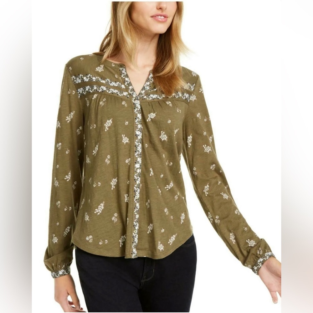 Lucky Brand Women's Olive Button-Down Blouse- Bohemian-inspired Style in Size L